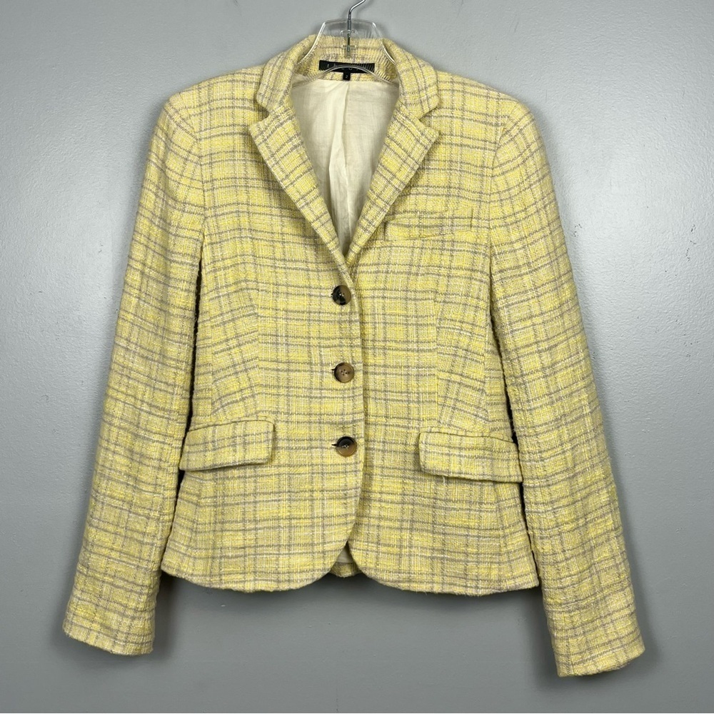 Theory yellow plaid tweed 3 button structured blazer jacket, size 2.